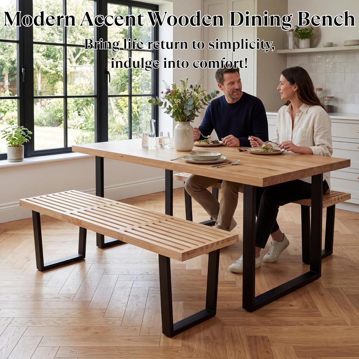 Wooden Dining Bench 55”Industrial Entryway Bench, Modern End of Bed Bench for Bedroom/Hallway, Natural Solid Wood Bench with W/Metal Legs for Dining Room/Living Room, Kitchen