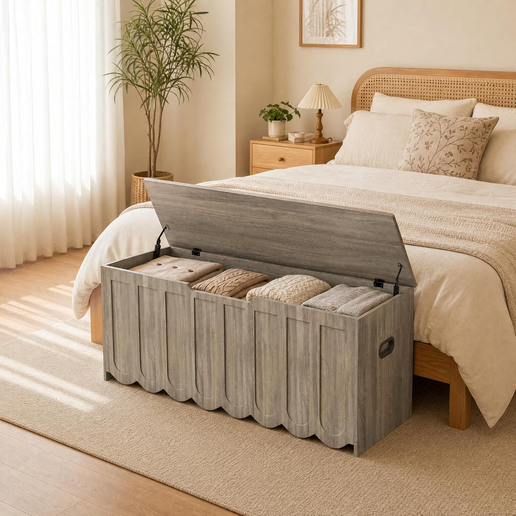 DHZ 47.2" Storage Bench, Storage Chest with Cushion Seat, 4 Swivel Wheels & 2 Safety Hinges, Wooden Entryway Bench with Storage, Large Toy Box for Entryway, Living Room, Bedroom
