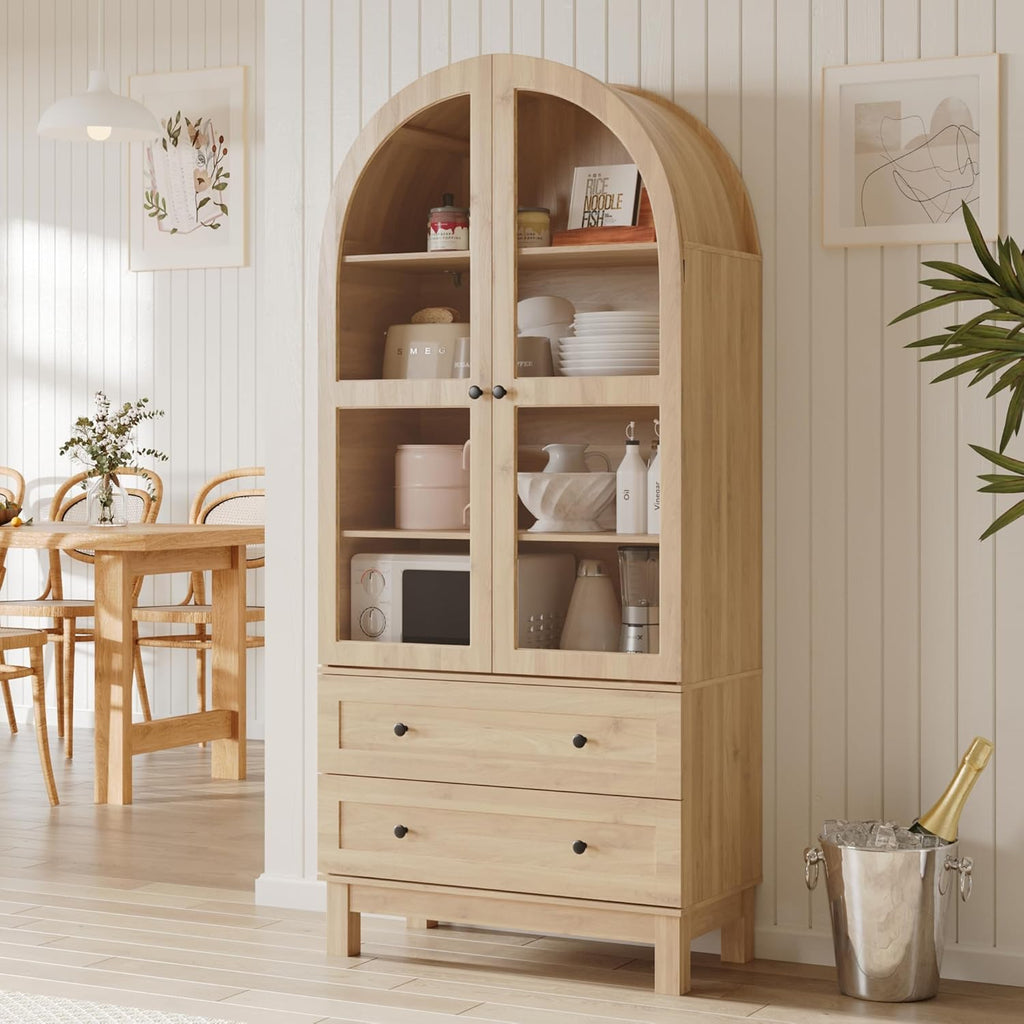 Furnify 71" Tall Arched Kitchen Pantry, Wood Pantry Cabinet with 2 Large Drawers and Glass Doors, Modern Farmhouse Versatile Cupboard for Kitchen, Dining Room, Living Room, Natrual