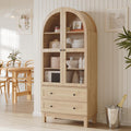 Furnify 71" Tall Arched Kitchen Pantry, Wood Pantry Cabinet with 2 Large Drawers and Glass Doors, Modern Farmhouse Versatile Cupboard for Kitchen, Dining Room, Living Room, Natrual