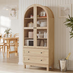 Furnify 71" Tall Arched Kitchen Pantry, Wood Pantry Cabinet with 2 Large Drawers and Glass Doors, Modern Farmhouse Versatile Cupboard for Kitchen, Dining Room, Living Room, Natrual
