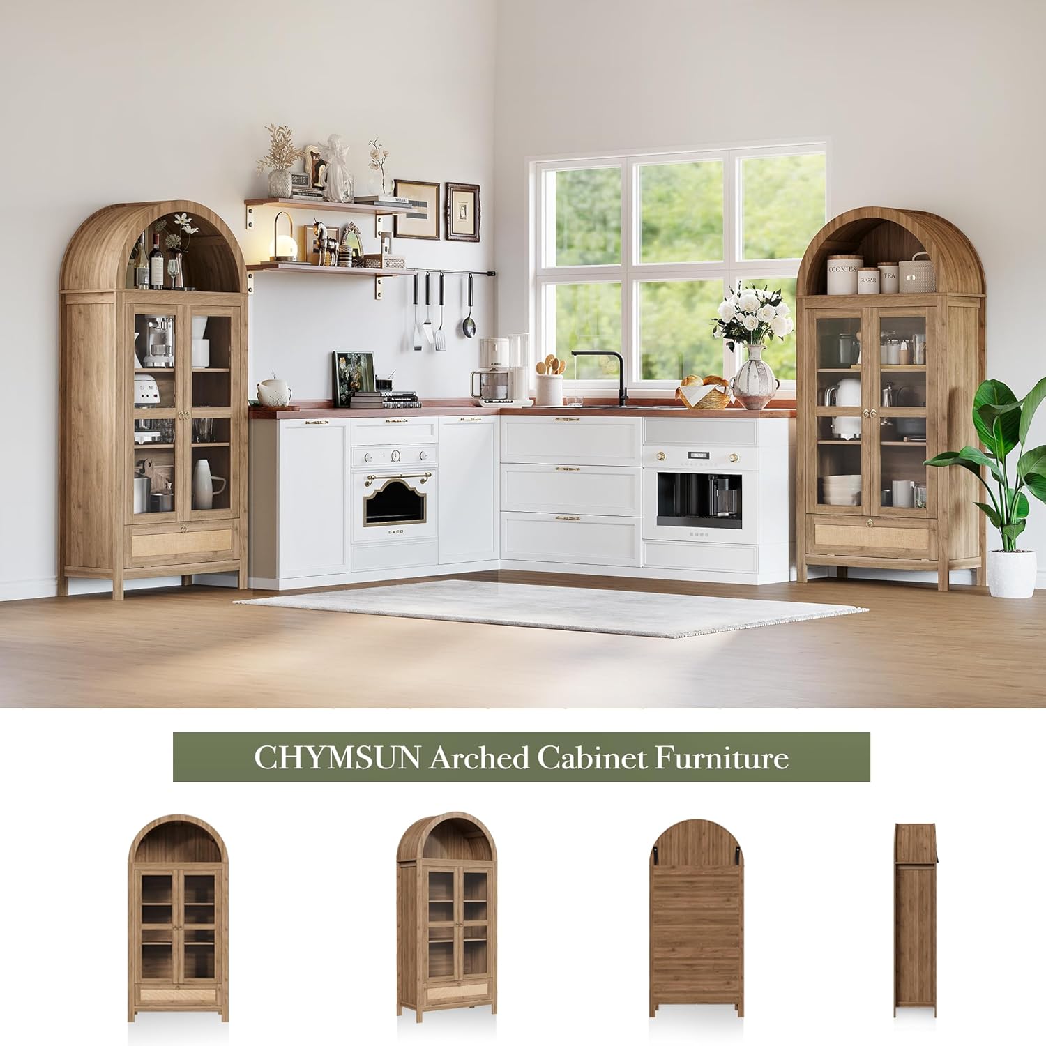 71” Tall Arched Kitchen Pantry Cabinet, Modern Farmhouse Hutch Storage Cabinets with Large Drawer and Glass Doors for Kitchen, Dining Room, Living Room, Natural