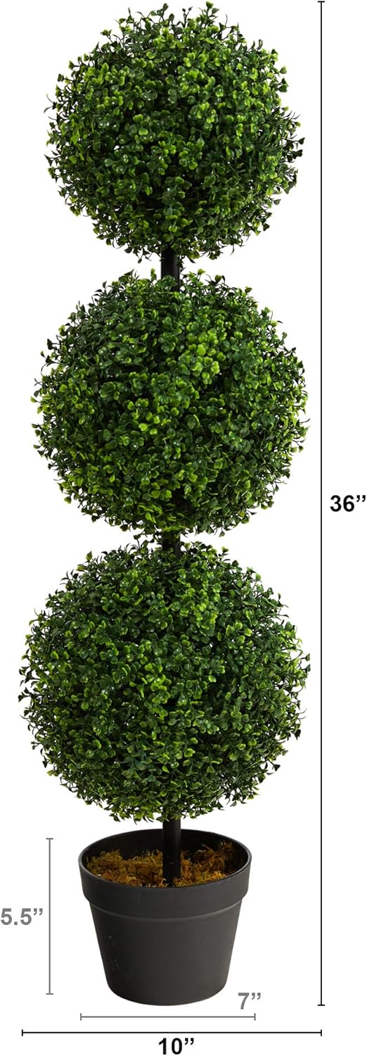 Nearly Natural 36in Artificial Triple Ball Boxwood Topiary Tree - Indoor Outdoor Realistic Faux Greenery for Home Patio Office Decor, Low Maintenance