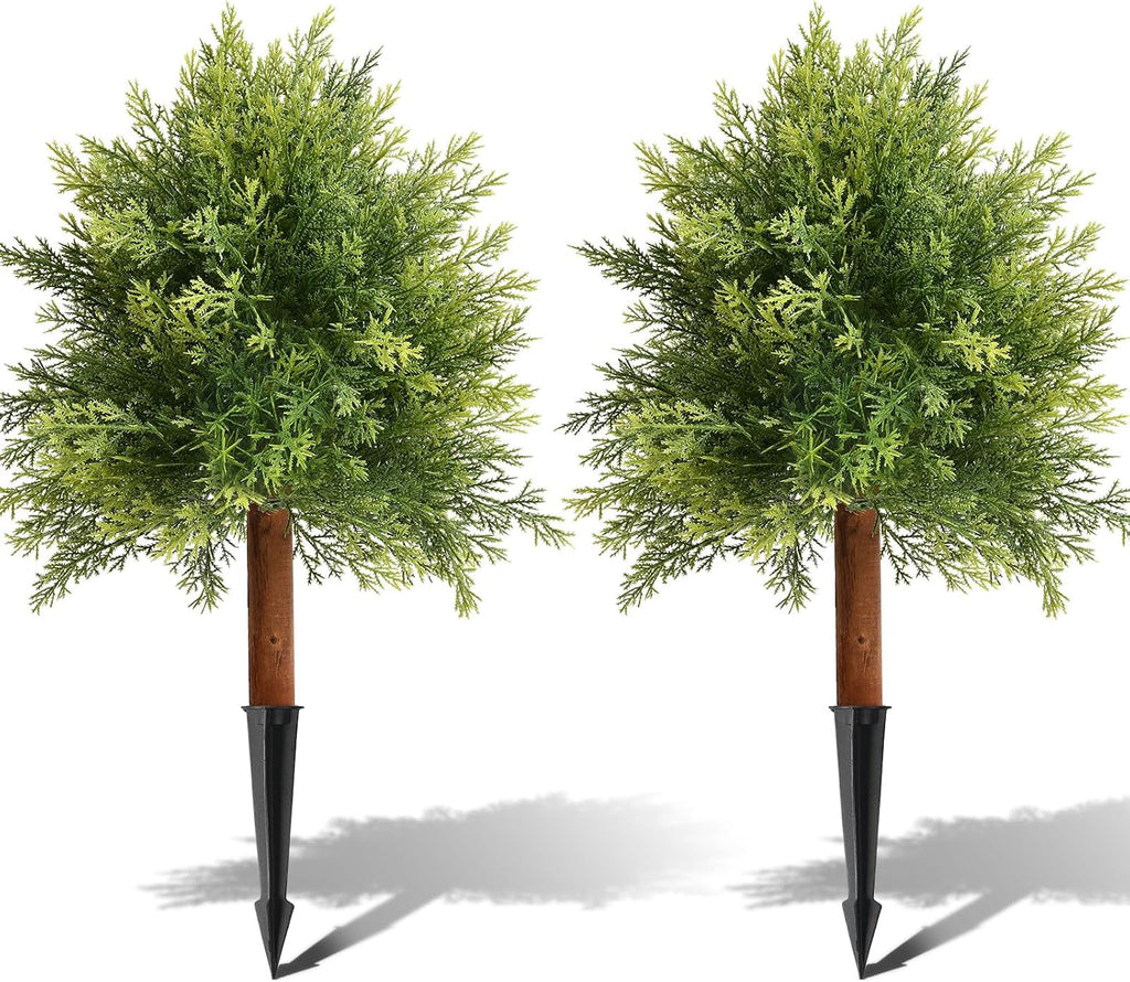 Artificial Cedar Topiary Ball Trees for Outdoors, Set of 2 Fake Evergreen Shrubs with Ground Spikes, Faux Outdoor Plants with Real Wood Stems for Front Porch Garden Patio Planters