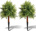Artificial Cedar Topiary Ball Trees for Outdoors, Set of 2 Fake Evergreen Shrubs with Ground Spikes, Faux Outdoor Plants with Real Wood Stems for Front Porch Garden Patio Planters