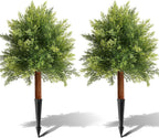 Artificial Cedar Topiary Ball Trees for Outdoors, Set of 2 Fake Evergreen Shrubs with Ground Spikes, Faux Outdoor Plants with Real Wood Stems for Front Porch Garden Patio Planters