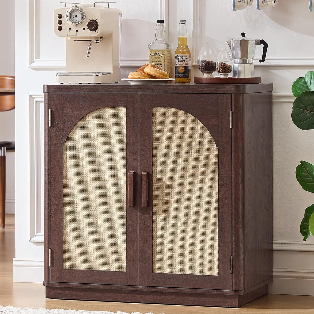 LEYAOYAO Rattan Sideboard Buffet Cabinet with Storage, 31.5" Coffee Bar Cabinet with Arch Doors & Adjustable Shelves, Wood Credenza, Boho Accent Cabinet for Kitchen, Living Room, Walnut