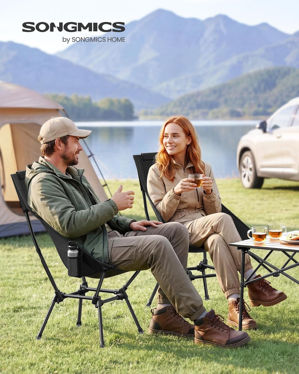 SONGMICS Camping Chair, Lightweight Folding Beach Chair, Adjustable Height, Steel Frame, Portable for Outdoor Travel