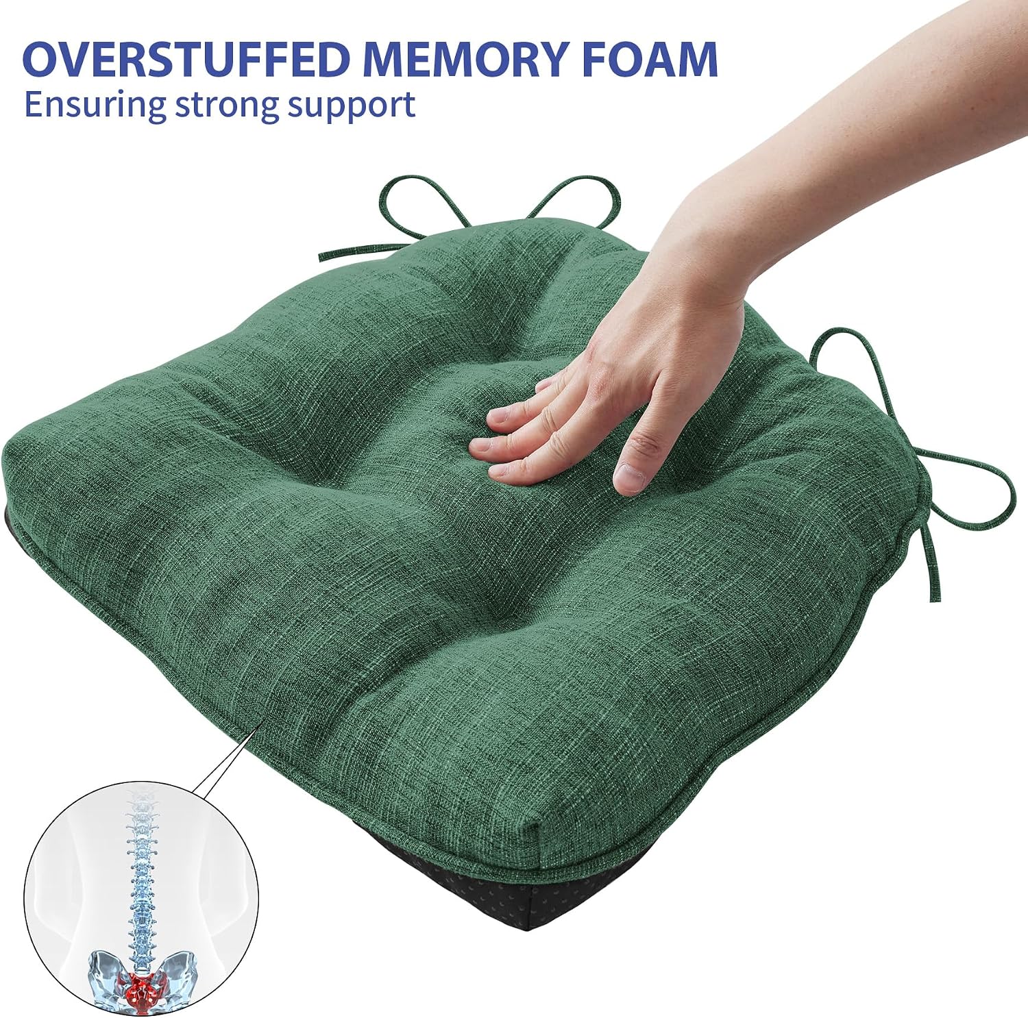 IPYNBAP Chair Cushions for Dining Chairs Set of 4, Kitchen Chair Cushions, Chair Pads with Ties Non Slip Backing, Christmas Room Decor, Tufted Memory Foam Seat Cushion 4 Pack, 15.5x15.5x4, Dark Green