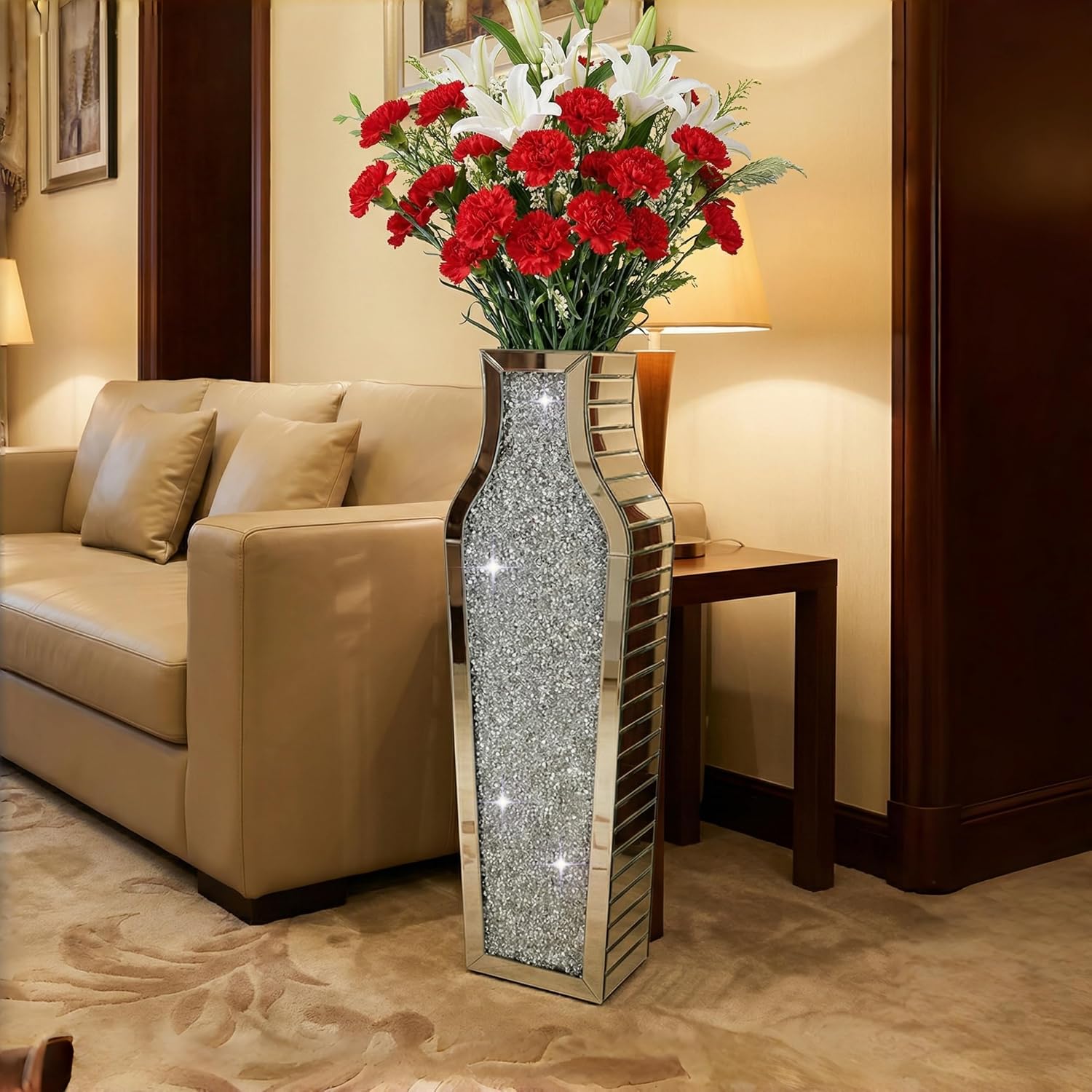 30" Large Double Sided Crushed Diamond Floor Vases,Tall Silver Mirrored Crystal Vase for Floor,Big Floor Vases Decorative Tall for Home,Office,Hotel(Silver,8.6" L x 5.3" W x 30" H)