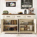 64 Inch Farmhouse Buffet Cabinet, Large Sideboard & Buffet with 4 Doors and 3 Drawers, Modern Credenza with Storage for Dining Room, Living Room, Kitchen, Antique White