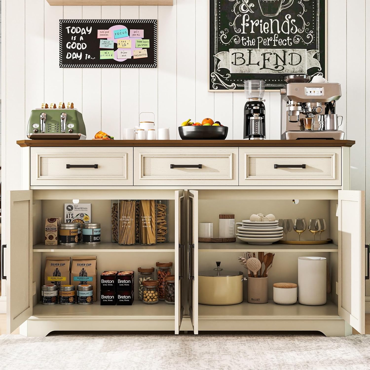 64 Inch Farmhouse Buffet Cabinet, Large Sideboard & Buffet with 4 Doors and 3 Drawers, Modern Credenza with Storage for Dining Room, Living Room, Kitchen, Antique White