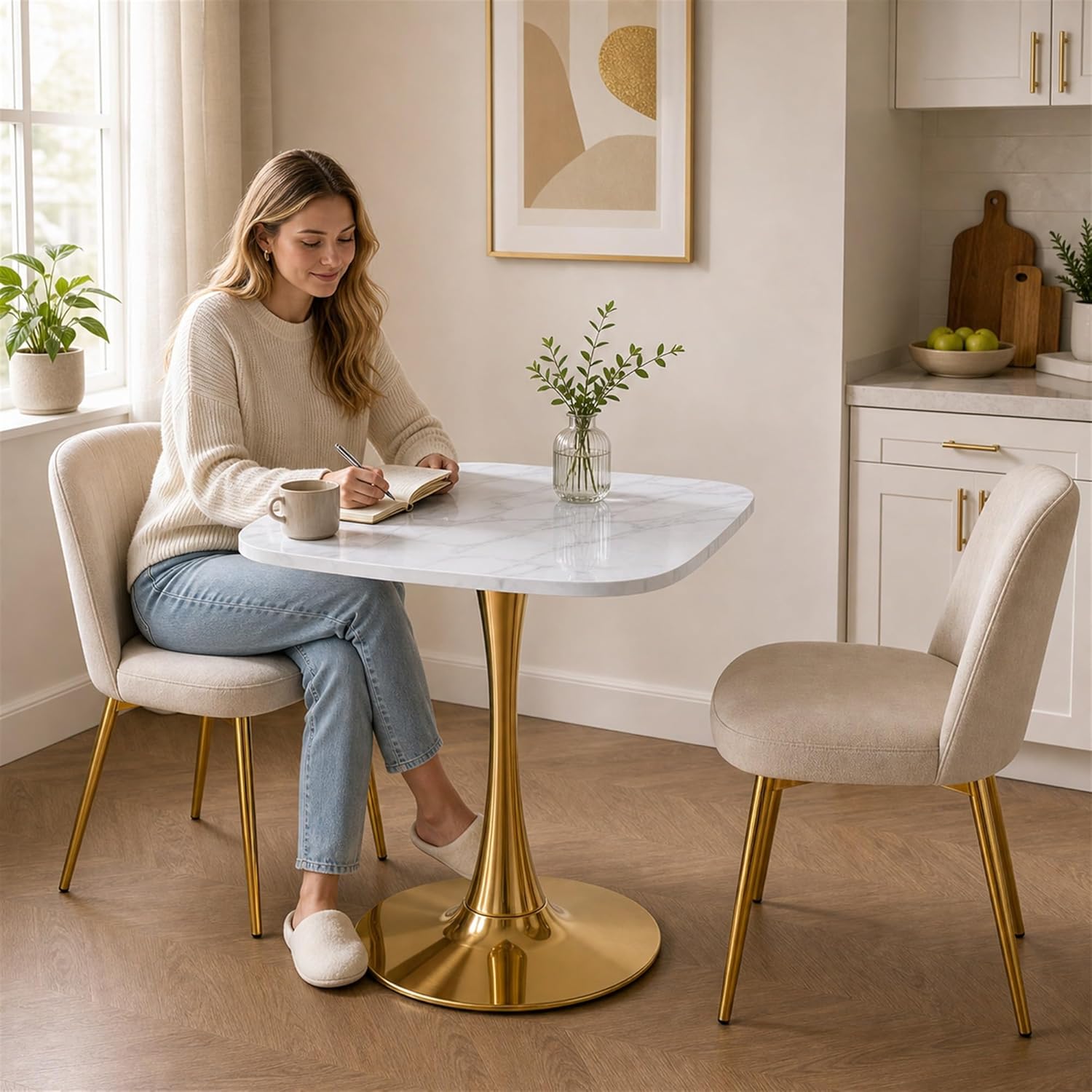24 Inch Square White Marble-Look Tulip Dining Table for 2–4 with Gold Metal Base – Space Saving Small Apartment Kitchen Table, Pedestal Bistro Table for Breakfast Nook, Cafe, Studio Living (No Chairs)