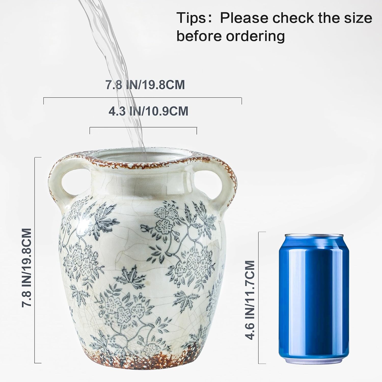Enra 7.8" Blue and White Ceramic Vase with Double Handles – Handcrafted Chinoiserie Floral Vase, Decorative Vase for Living Room Centerpiece, Bookshelf & Office