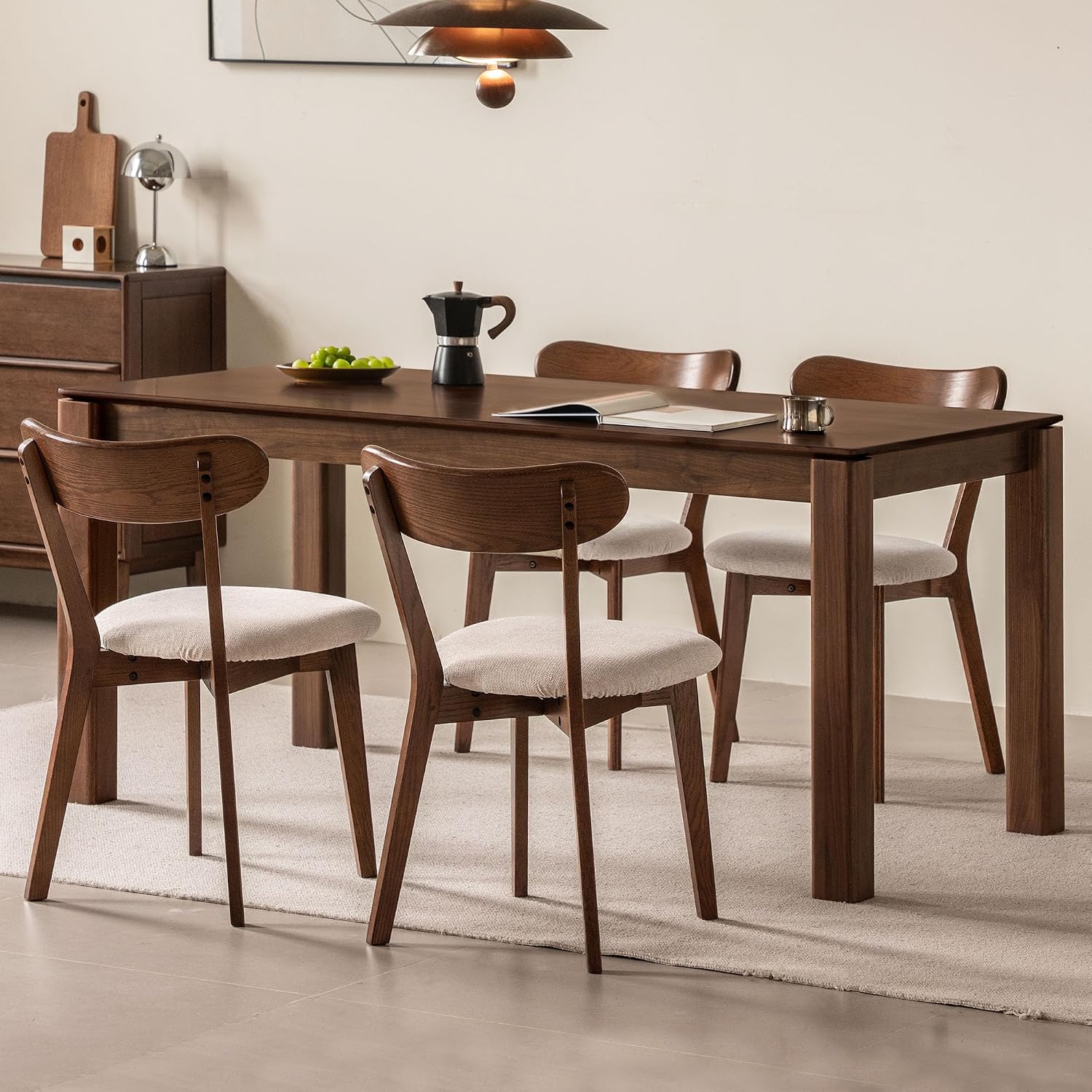 100% Solid Oak Dining Chairs, Mid Century Modern Dining Chair with Curved Backrest, Fabric Upholstered Dining Chairs for Kitchen, Study, Living Room (4, Walnut Wood-Beige Cushion)