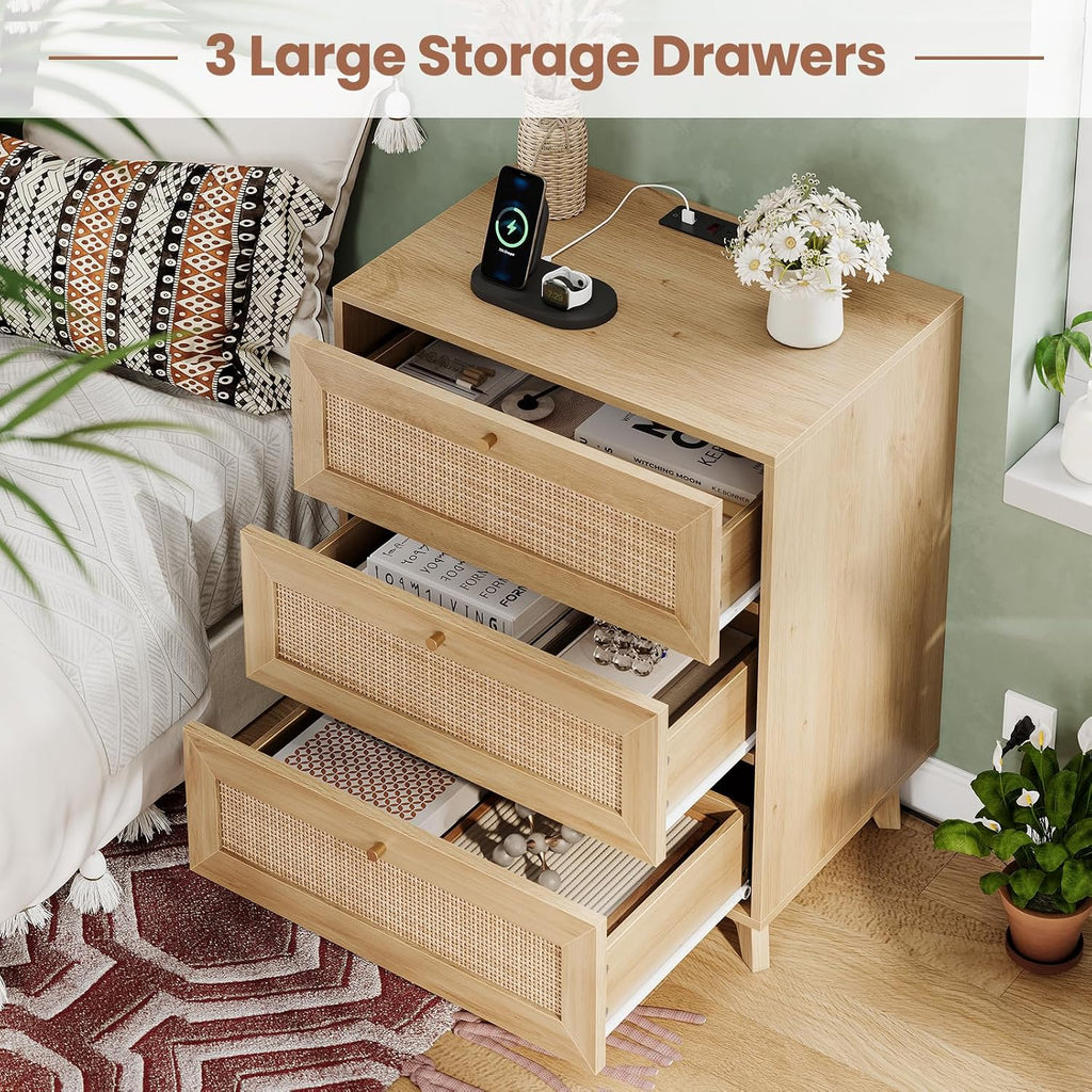 VIAGDO Rattan Nightstand Set of 2 with Charging Station, Natural Rattan Night Stand with 3 Large Wicker Decorated Drawers, Boho Bedside Table, End Side Table, 3 Drawer Dresser for Bedroom