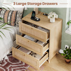 VIAGDO Rattan Nightstand Set of 2 with Charging Station, Natural Rattan Night Stand with 3 Large Wicker Decorated Drawers, Boho Bedside Table, End Side Table, 3 Drawer Dresser for Bedroom