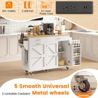 VVFLU 51.8" Kitchen Island Cart with Trash Can Storage, Kitchen Island on Wheels with Power Outlet & Drop Leaf, Rolling Kitchen Cart with Towel Rack & Spice Rack, Mobile Islands Table for Kitchen