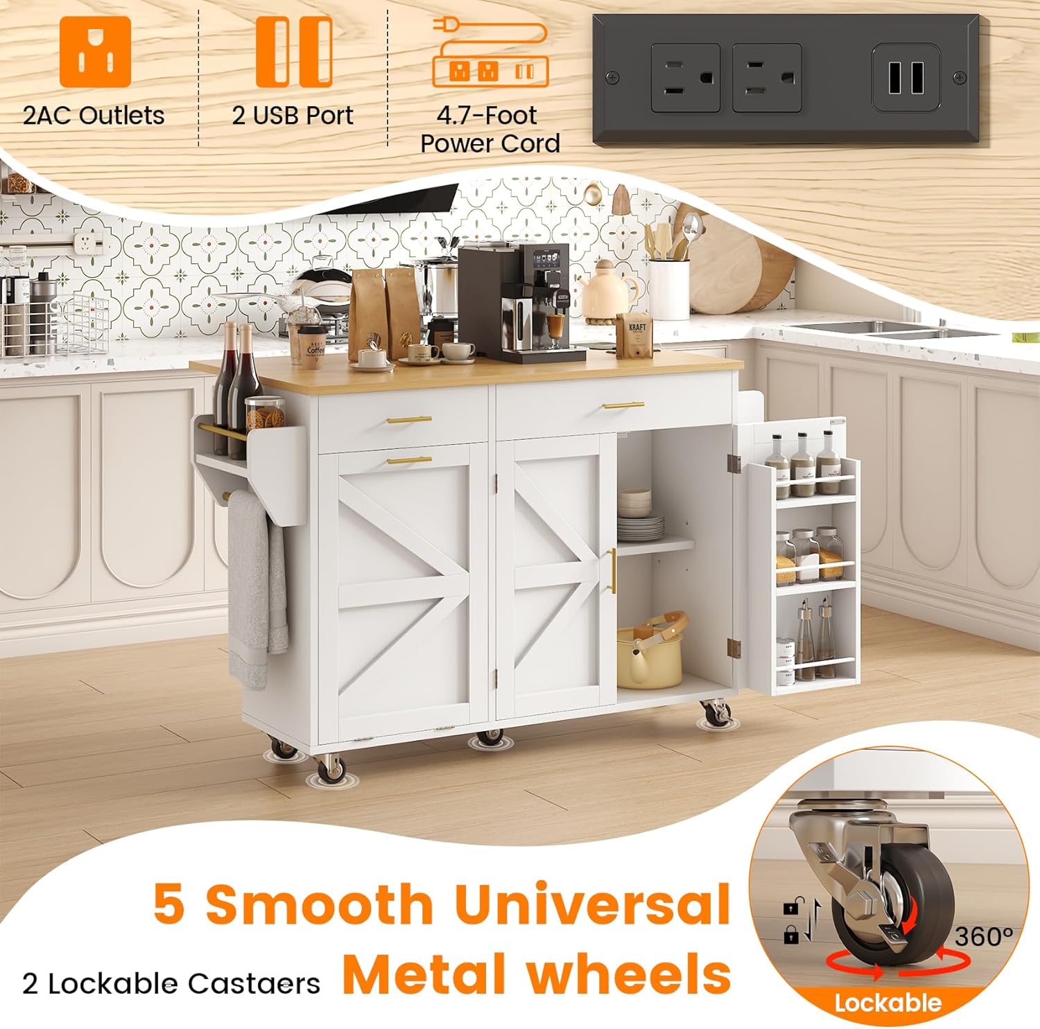 VVFLU 51.8" Kitchen Island Cart with Trash Can Storage, Kitchen Island on Wheels with Power Outlet & Drop Leaf, Rolling Kitchen Cart with Towel Rack & Spice Rack, Mobile Islands Table for Kitchen
