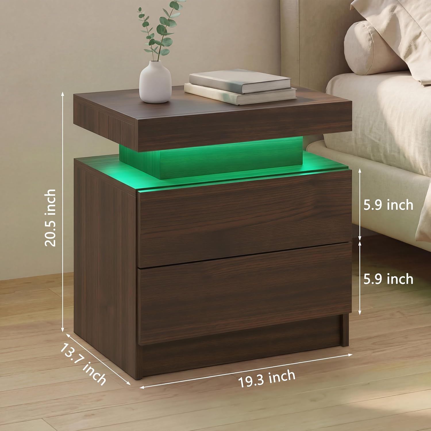 i-aplus Brown Modern LED Nightstand Set of 2 with 2 Wood Drawer for Bedroom | Nightstands with App-Controlled RGB LED Lights, Night Stand with Storgae Drawer, Modern Bedside Table for Bedroom