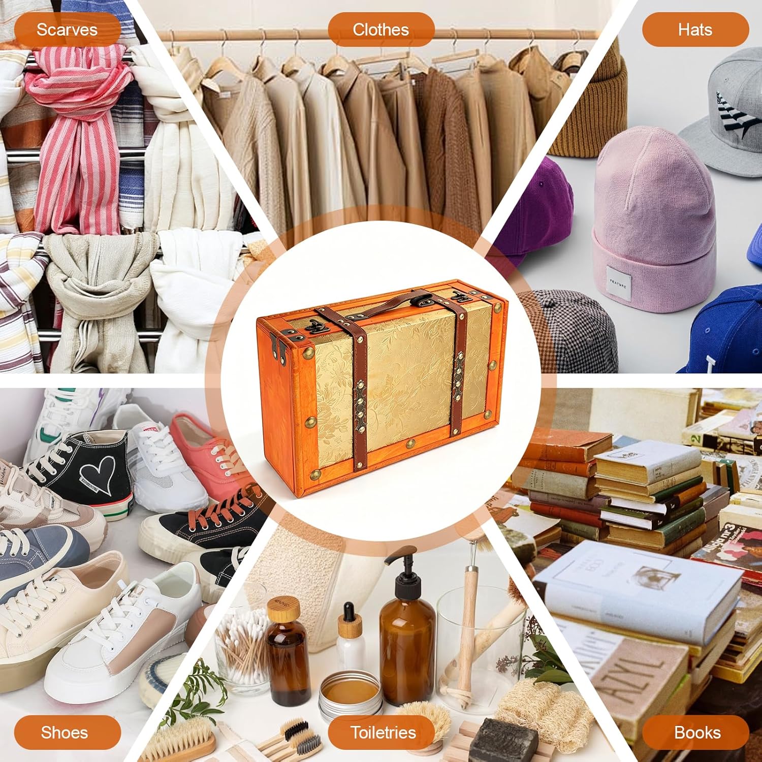13.4in Vintage Wooden Storage Suitcase,Decorative Storage Box,Antique Treasure Chest with Leather Handle Buckle Clasp,Home Decor Luggage for Travel Party Photo Props Gift