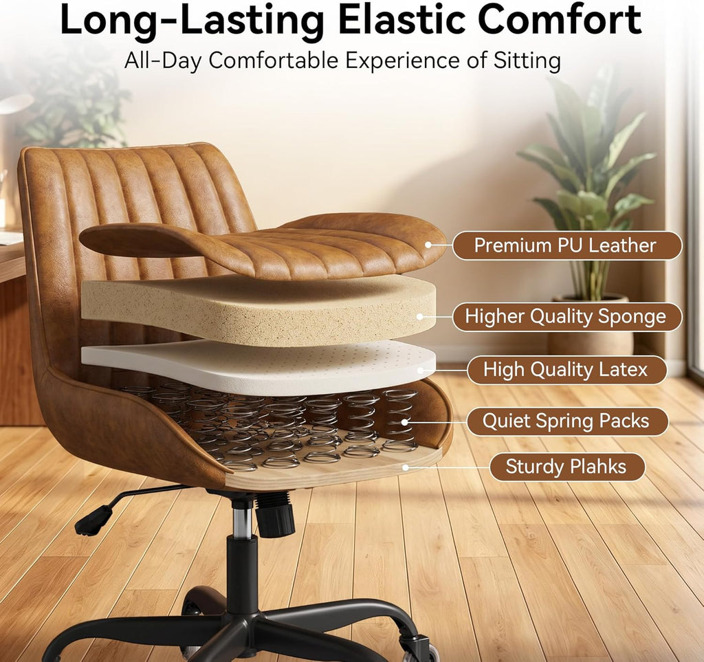 Armless Office Chair, Mid Back Modern Desk Chair with Rubber Wheels, 360 Swivel PU Leather Office Chair No Arms, Adjustable Height Small Computer Chair, Armless Desk Chair for Office, Brown