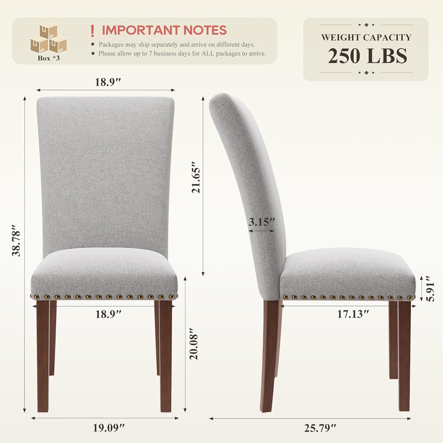 COLAMY Parsons Dining Chairs Set of 6, Upholstered Fabric Dining Room Kitchen Chair with Nailhead Trim and Wood Legs - Light Grey