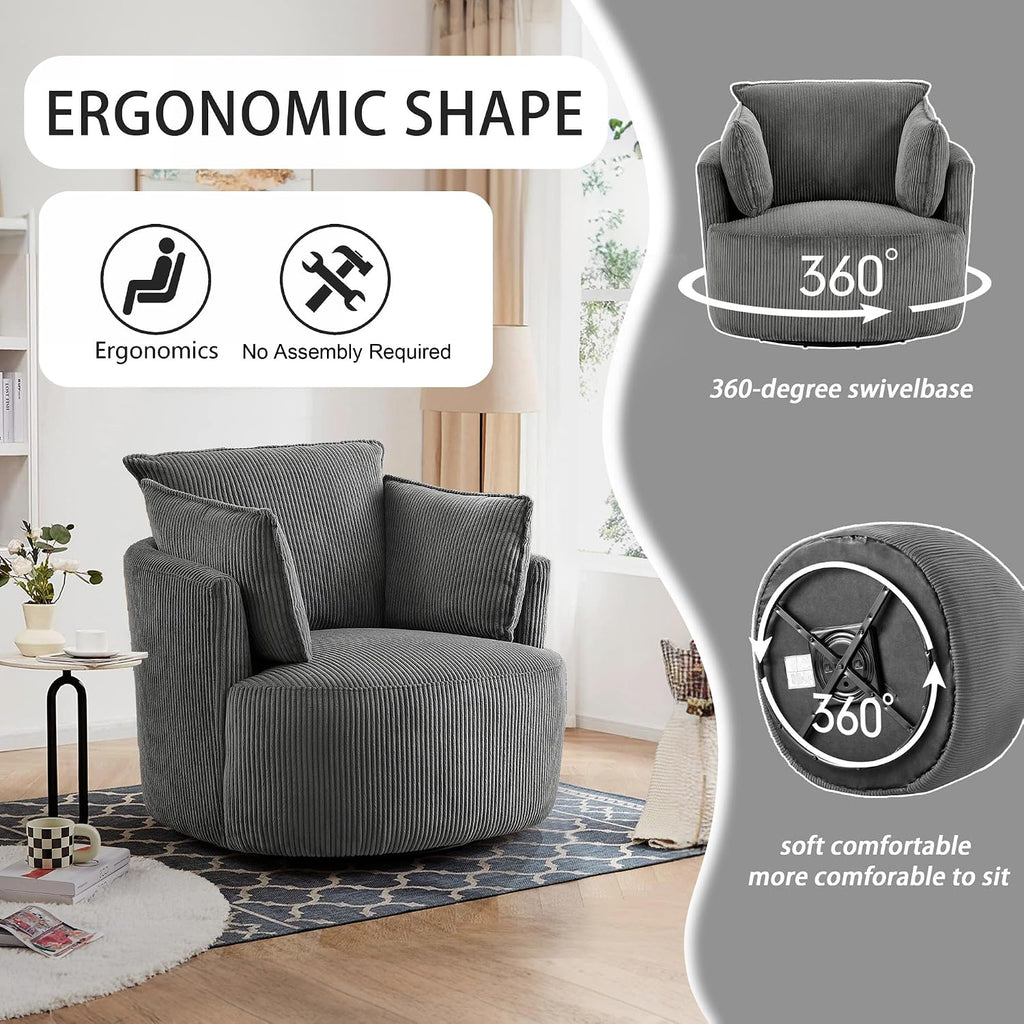 Swivel Accent Chair Round Barrel Armchair Upholstered Living Room Chair Corduroy Reading Chair Single Sofa Chair for Bedroom Apartment Office (Grey, Standard 1Seater)
