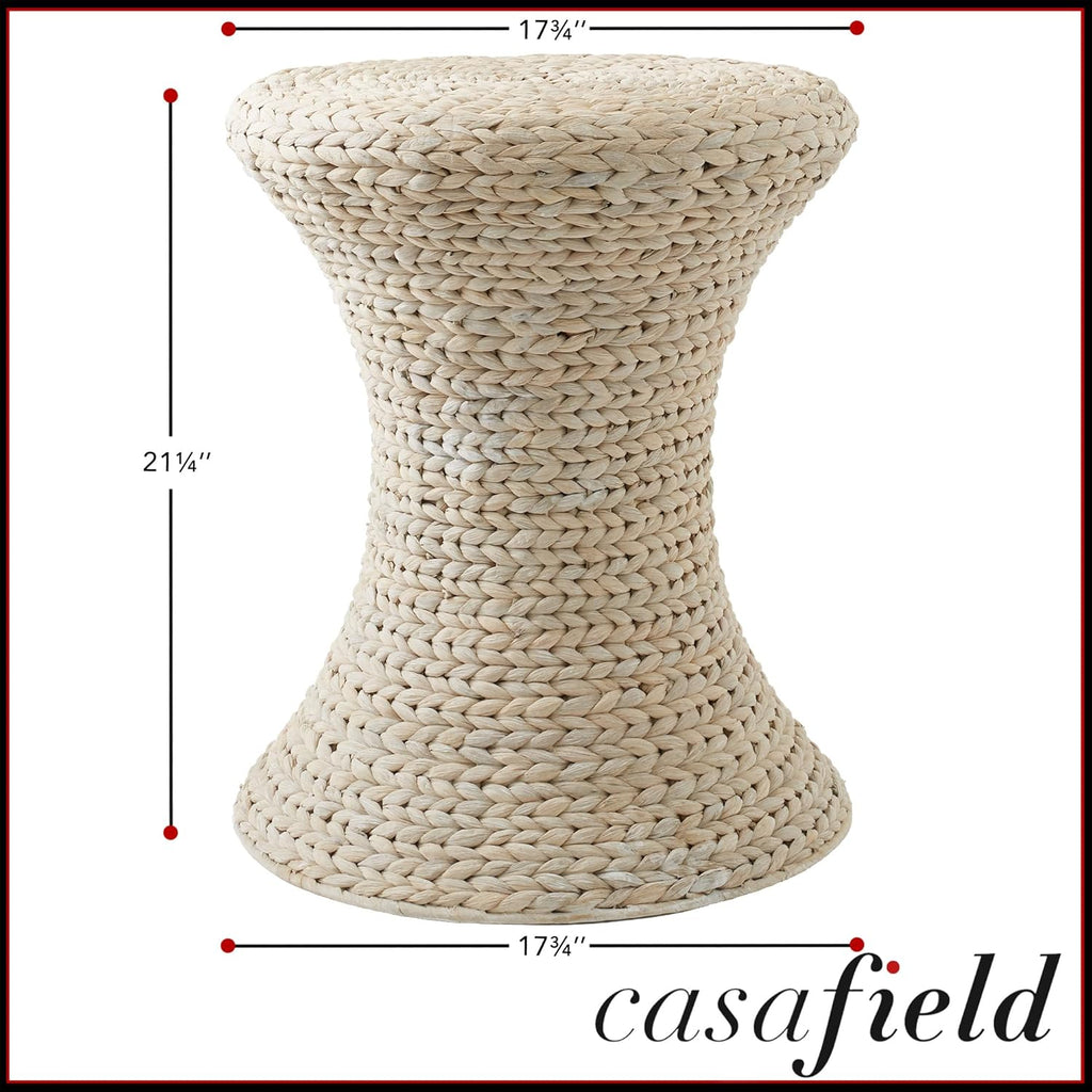 Casafield Hourglass Side Table, Whitewash White, Water Hyacinth Round End Table, Boho Woven Wicker Accent for Bedroom, Living Room, Office, Entryway