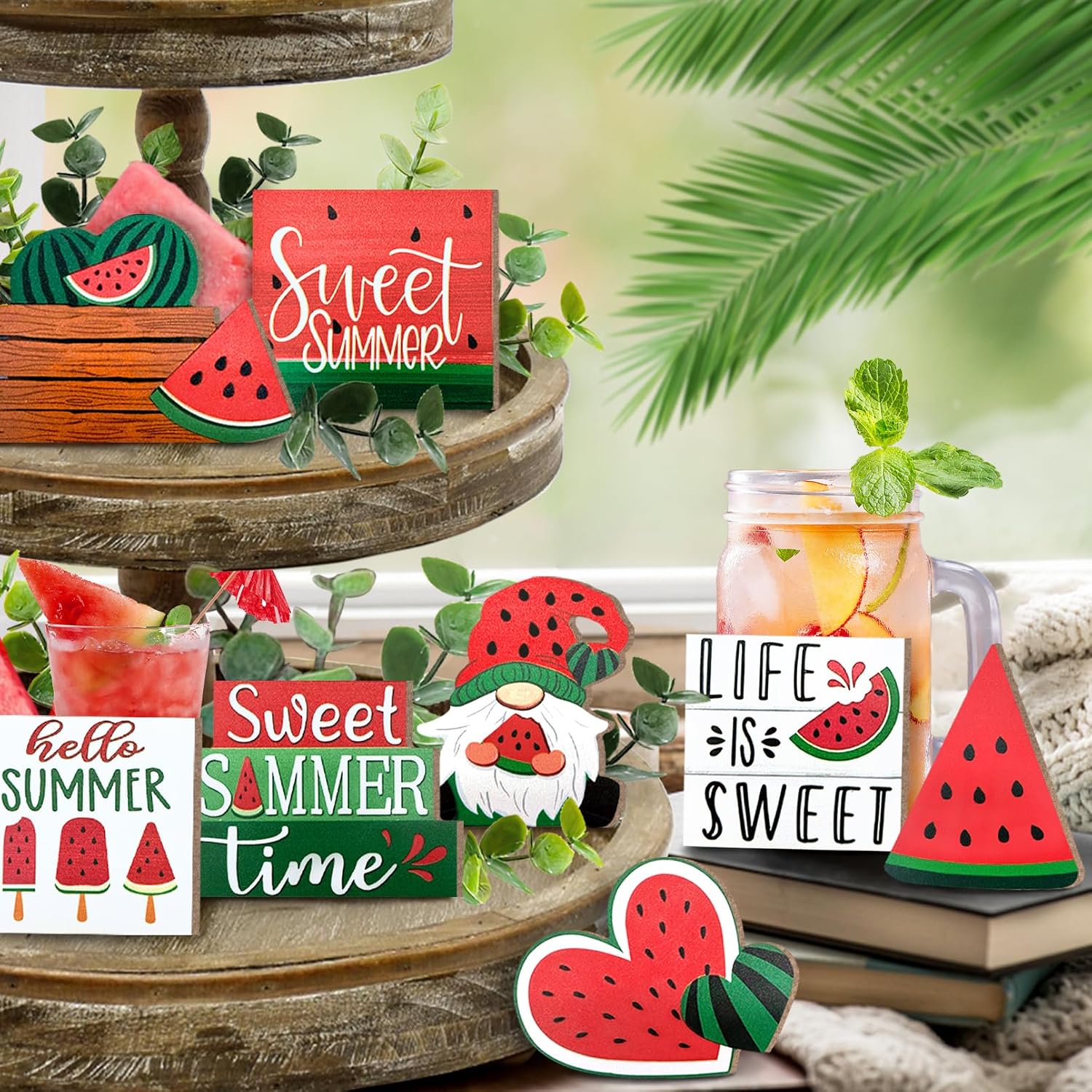 Summer Tiered Tray Decor, Farmhouse Watermelon Tray Decorations, Hello Summer Sweet Watermelon Gnome Wooden Signs, Rustic Summer Home Decor for Table Mantel Office Holiday Party