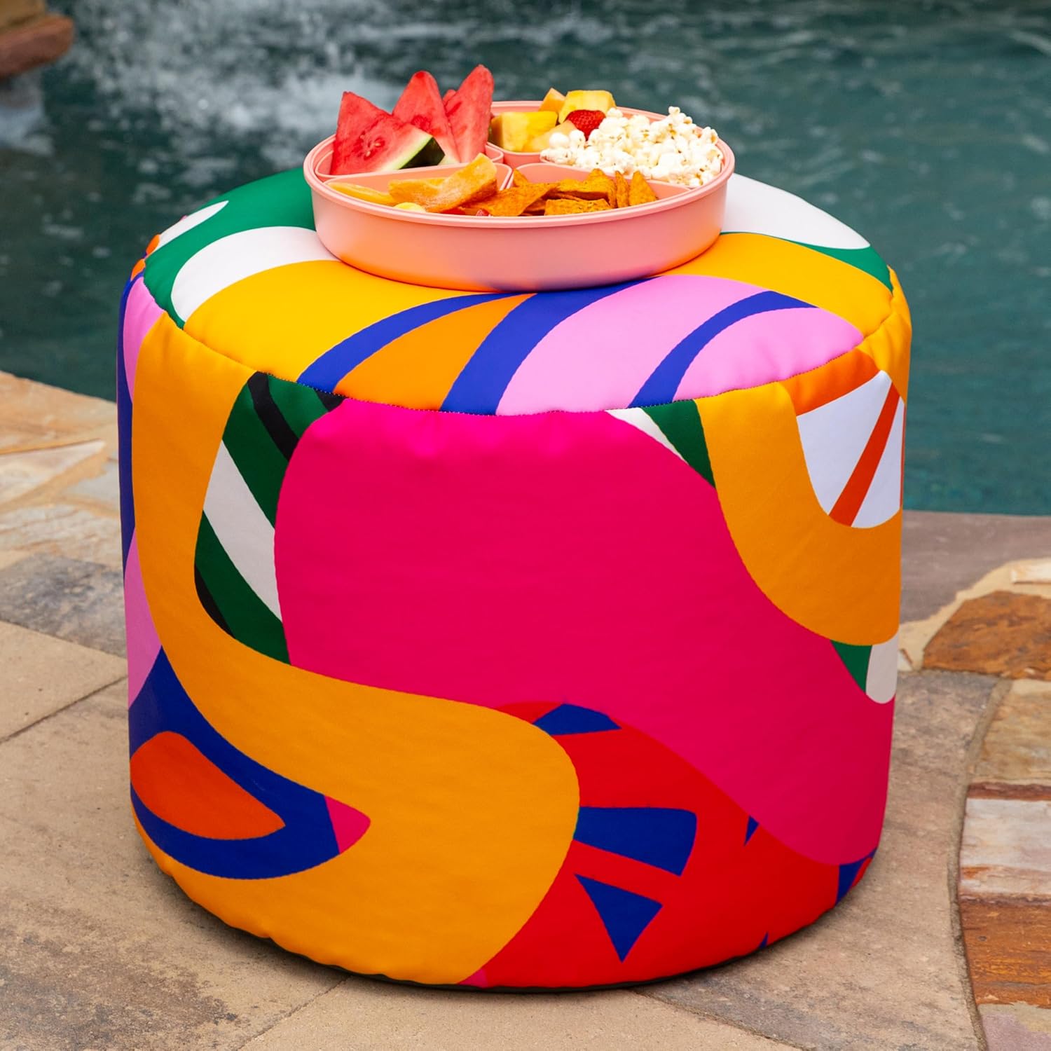 Jaxx Spring Indoor/Outdoor Bean Bag Pouf Ottoman, Zuri Multicolor Pattern