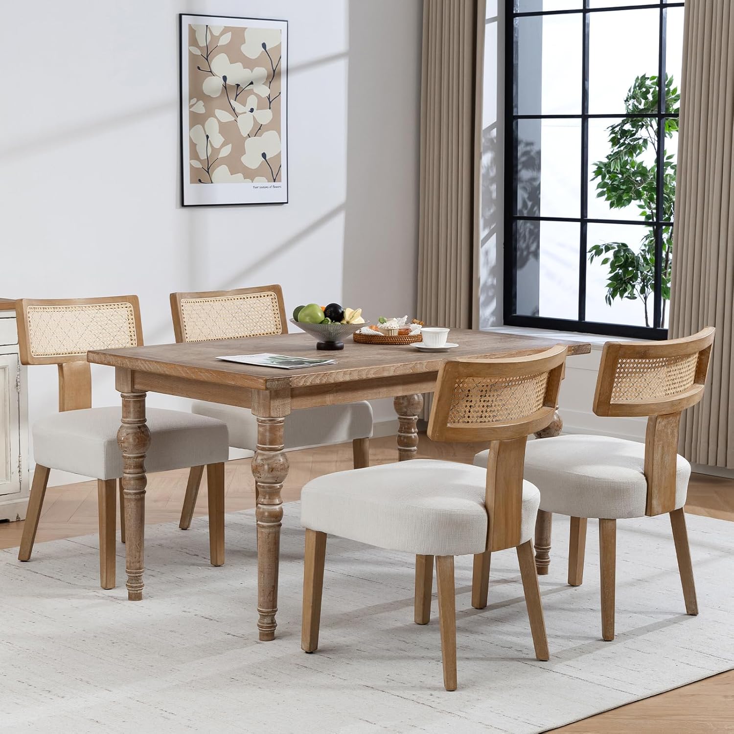 ZJhome Mid-Century Modern Rattan Dining Chairs Set of 4 – Farmhouse Linen Upholstered Accent Chairs with Curved Backrest, Solid Hardwood Frame, and Comfortable Seat for Kitchen & Dining Room – Beige