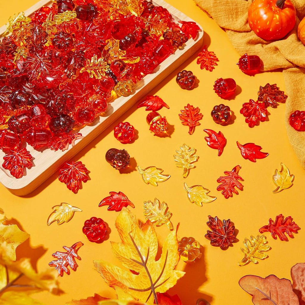 Deekin 240 Pcs Fall Vase Filler, Fall Leaves Pumpkin Marbles Gems Sensory Bin Table Scatter Vase Filler for Autumn DIY Crafts Thanksgiving Home Decorations