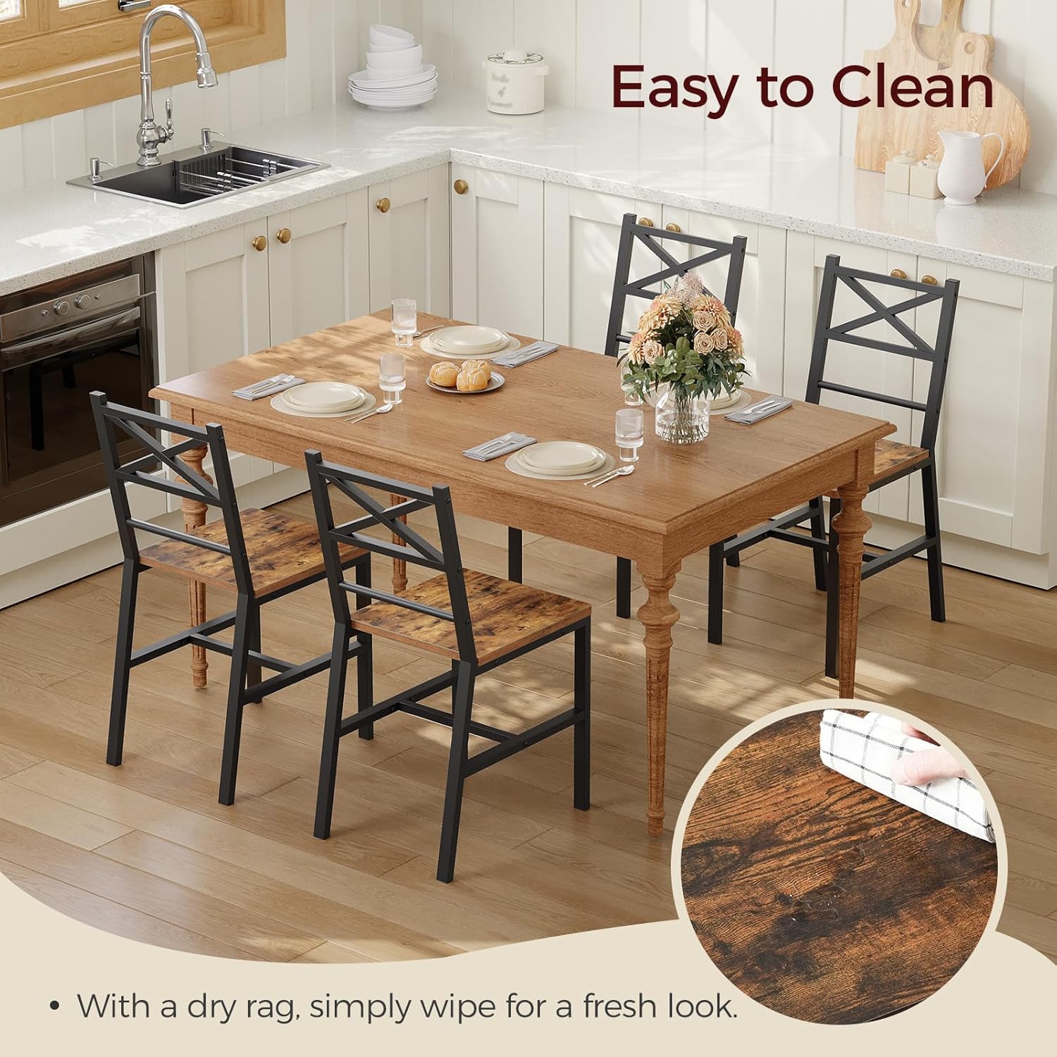 MAHANCRIS Dining Chair Set of 4, Rustic Wooden Kitchen Chairs with Backrest, Farmhouse Dining Chairs for Kitchen, Industrial Style Chair with Metal Frame, Easy Assembly, Rustic Brown TBHR1001S4