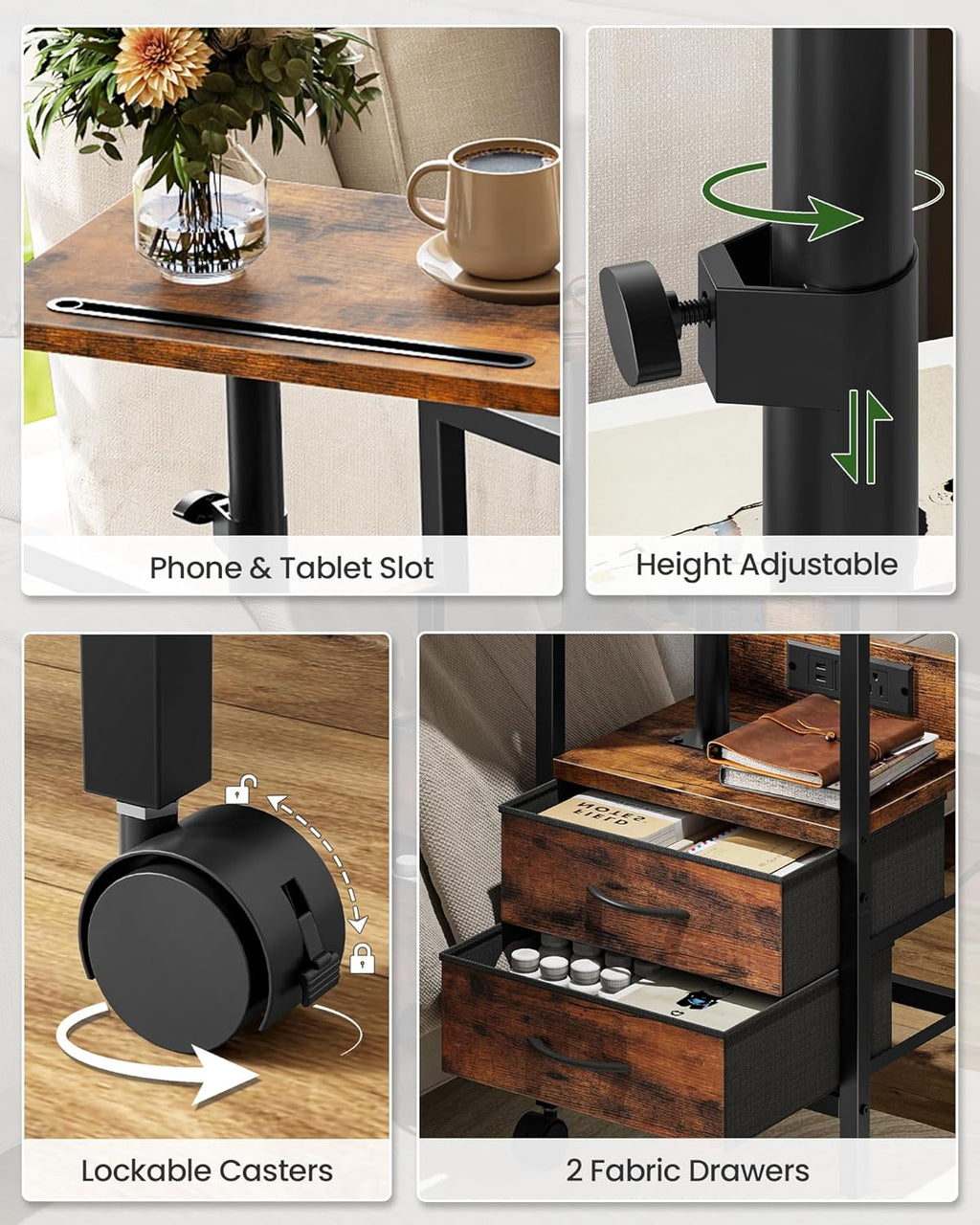 Height Adjustable Side Table with Swivel Tabletop, End Table with Charging Station, Bedside Table with Fabric Drawers and Wheels, Nightstand for Living Room, Bedroom, Rustic Brown and Black TBZ21UBF