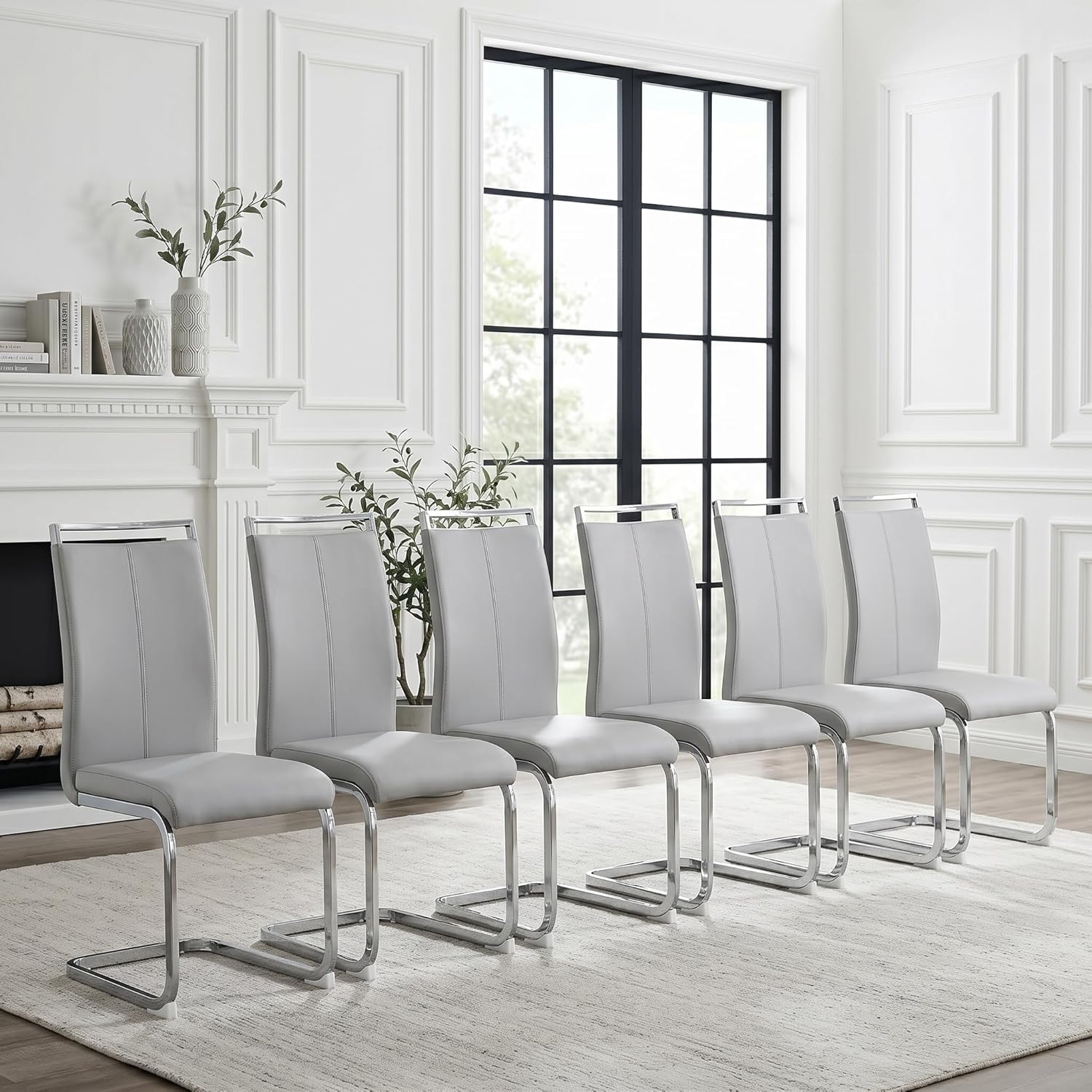 gopop Dining Chairs Set of 6, Faux Leather with Plated Chrome Metal Frame, Modern Kitchen Chairs with Padded Seat High Back for Dining Room, Kitchen, Living Room