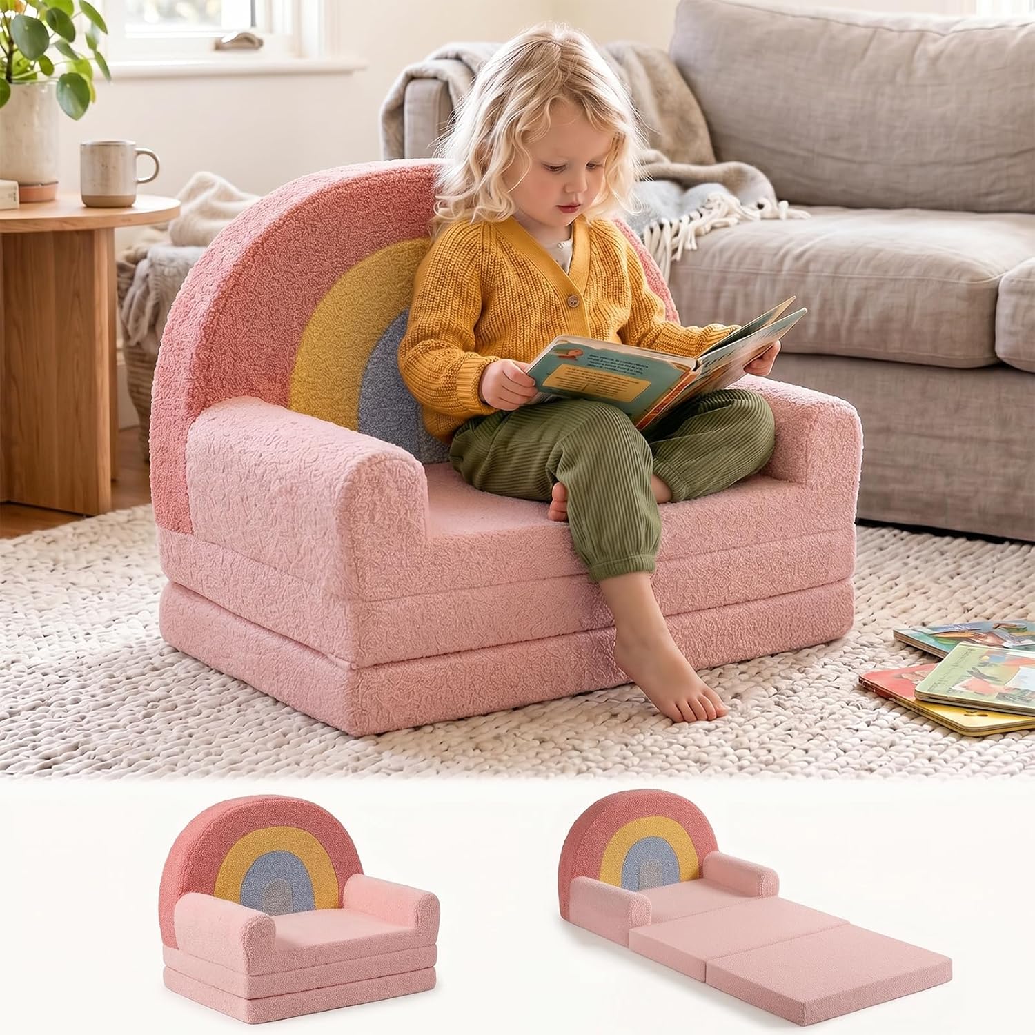 little dove Extra Wide Soft Kids Couch Fold Out, 2-in-1 Kids Couch, Convertible Kid Sofa, Kid Furniture for Playroom, Ideal Gifts for Boys & Girls Ages 3+, Pink