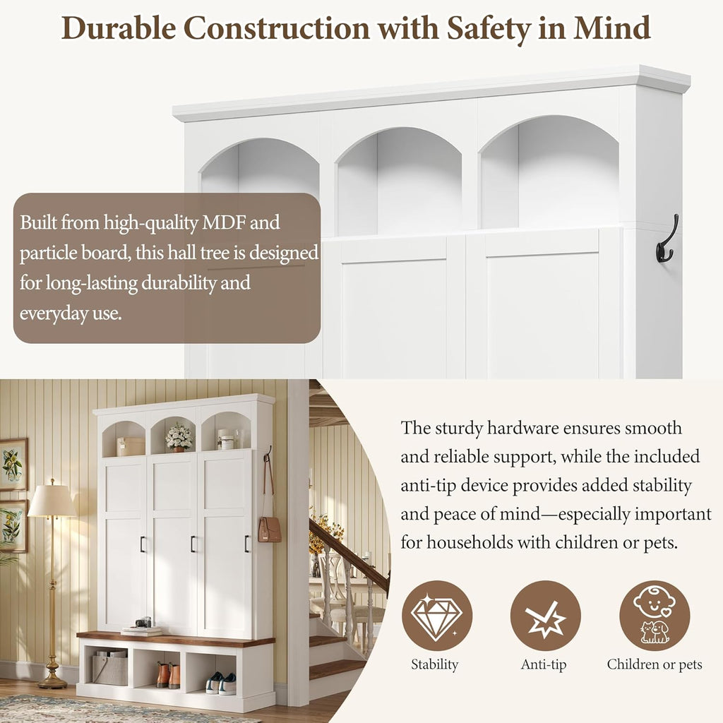 LUMISOL Farmhouse Hall Tree with 3 Hidden Storage for Hallway, Arched Design Mudroom Organizer with Walnut Bench, All-in-One Entryway Bench with Shoe Storage and 5 Hooks, White