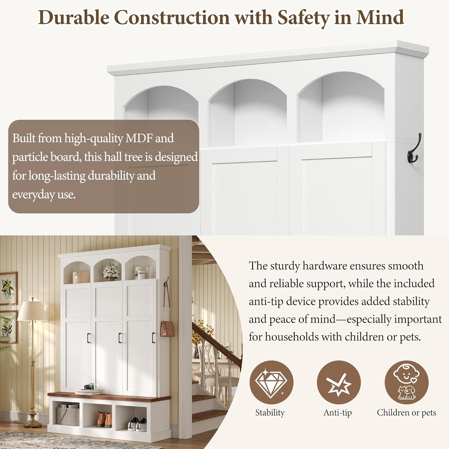 LUMISOL Farmhouse Hall Tree with 3 Hidden Storage for Hallway, Arched Design Mudroom Organizer with Walnut Bench, All-in-One Entryway Bench with Shoe Storage and 5 Hooks, White