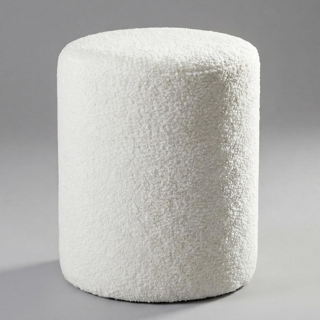 Modern Round Vanity Stool, Small Ottoman, Cute Fabric Foot Stool, Teddy Fleece Footrest, Upholstered Vanity Chair, Stool for Makeup, Bedroom, Living Room (1PCS, Round-White)