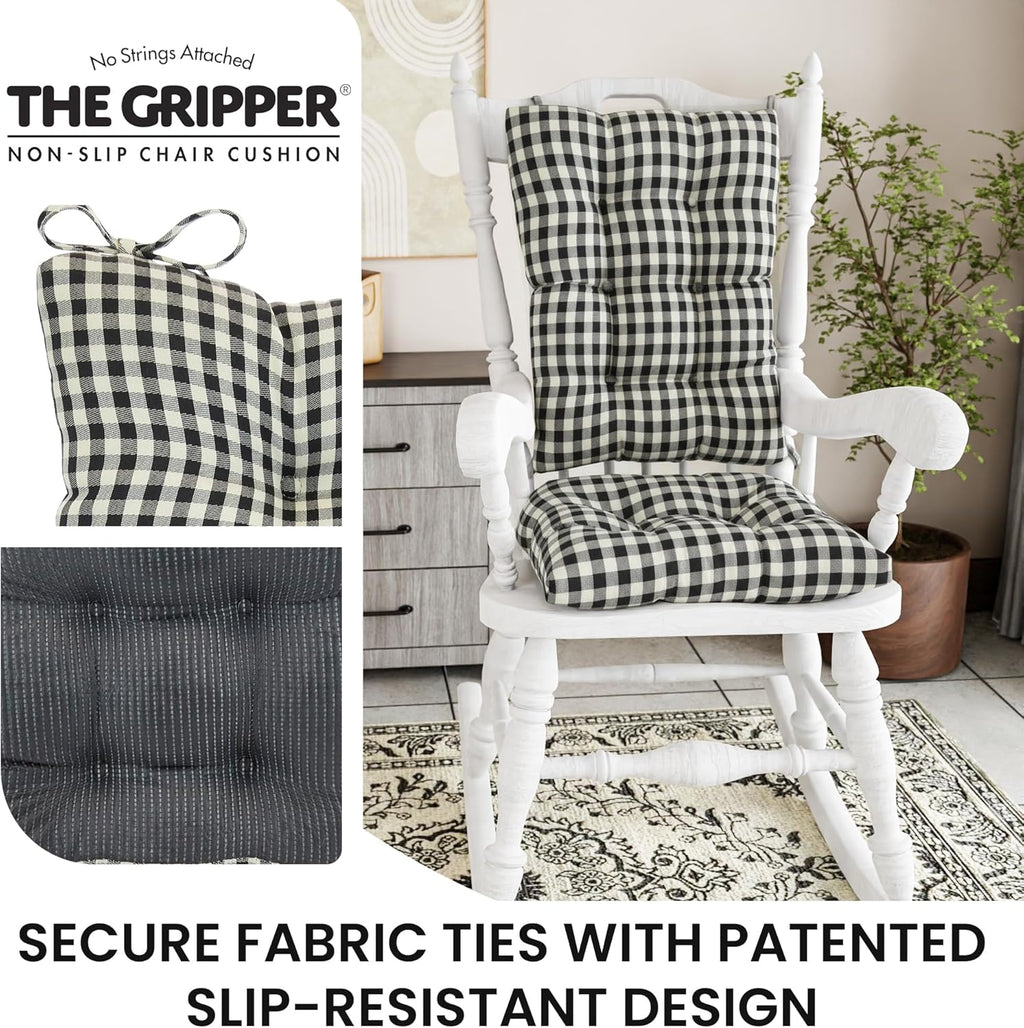 Klear Vu The Gripper Non-Slip Rocking Chair Cushion Set with Thick Padding, Includes Seat Pad & Back Pillow with Ties for Indoor Living Room Rocker, 17x17 Inches, 2 Piece Set, Gingham Black