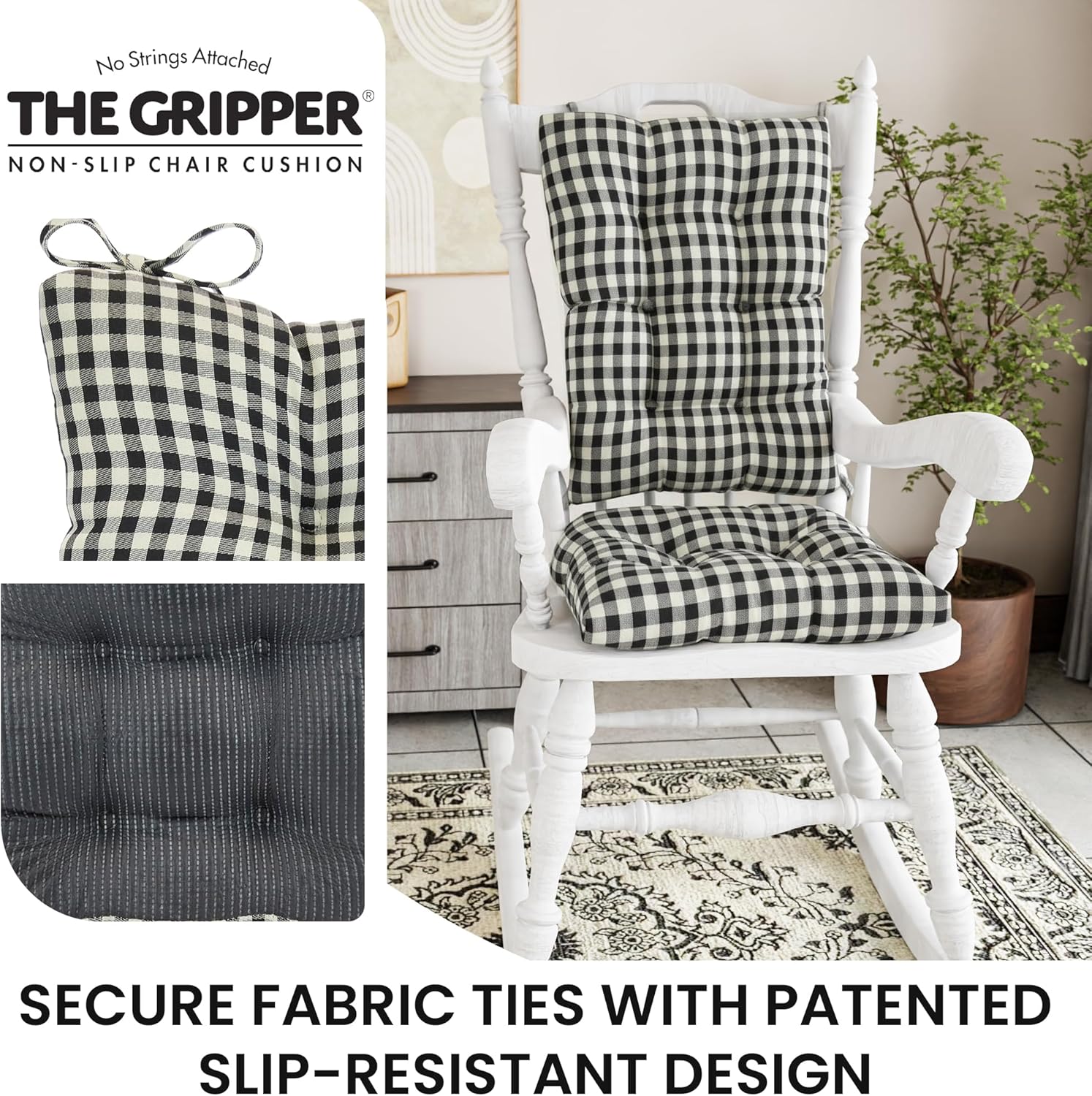 Klear Vu The Gripper Non-Slip Rocking Chair Cushion Set with Thick Padding, Includes Seat Pad & Back Pillow with Ties for Indoor Living Room Rocker, 17x17 Inches, 2 Piece Set, Gingham Black