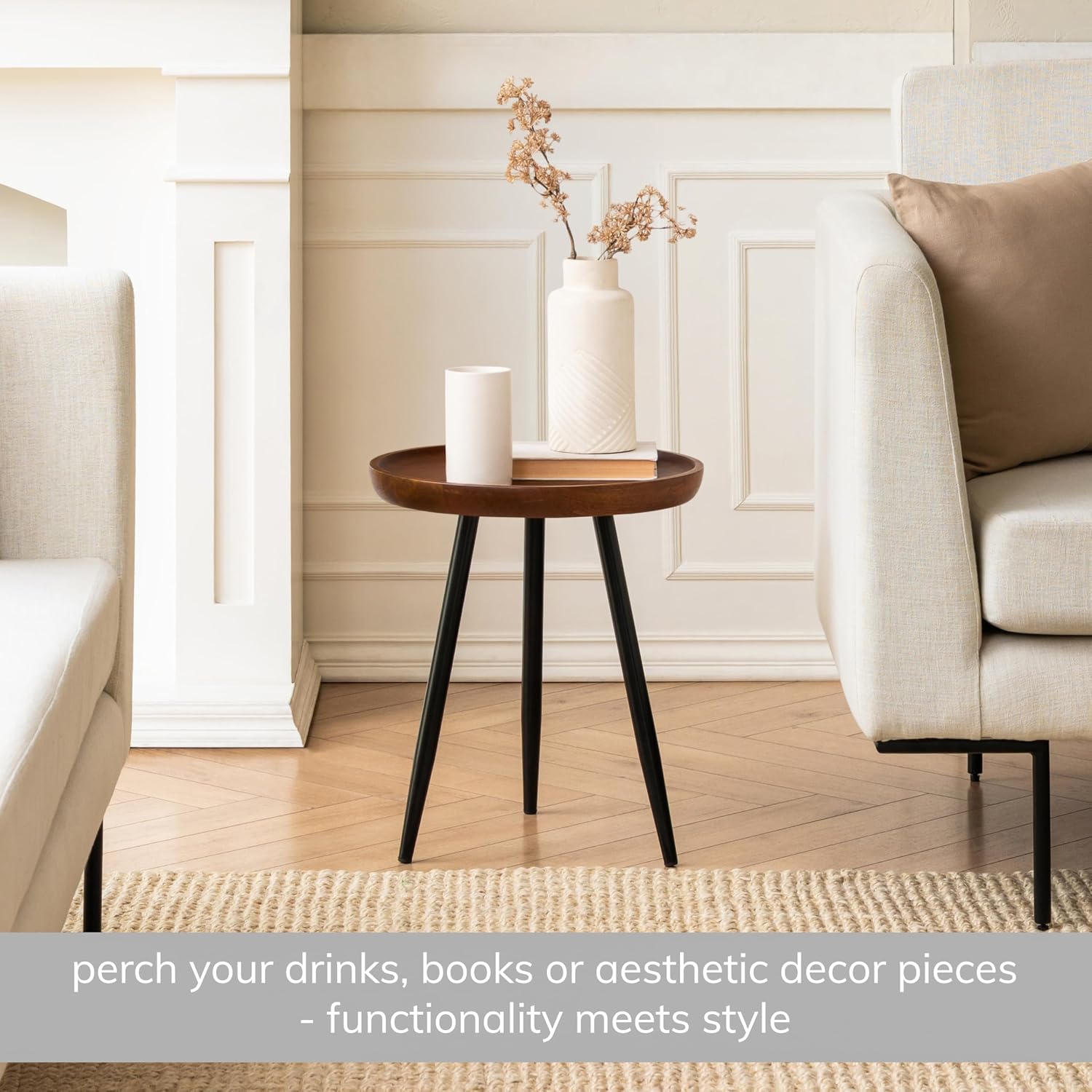 MH London Lydia Round Small End Table & Side Table Solid Wood, Walnut top with Black Metal Legs, Nightstand, 15.75"x15.75"x18"