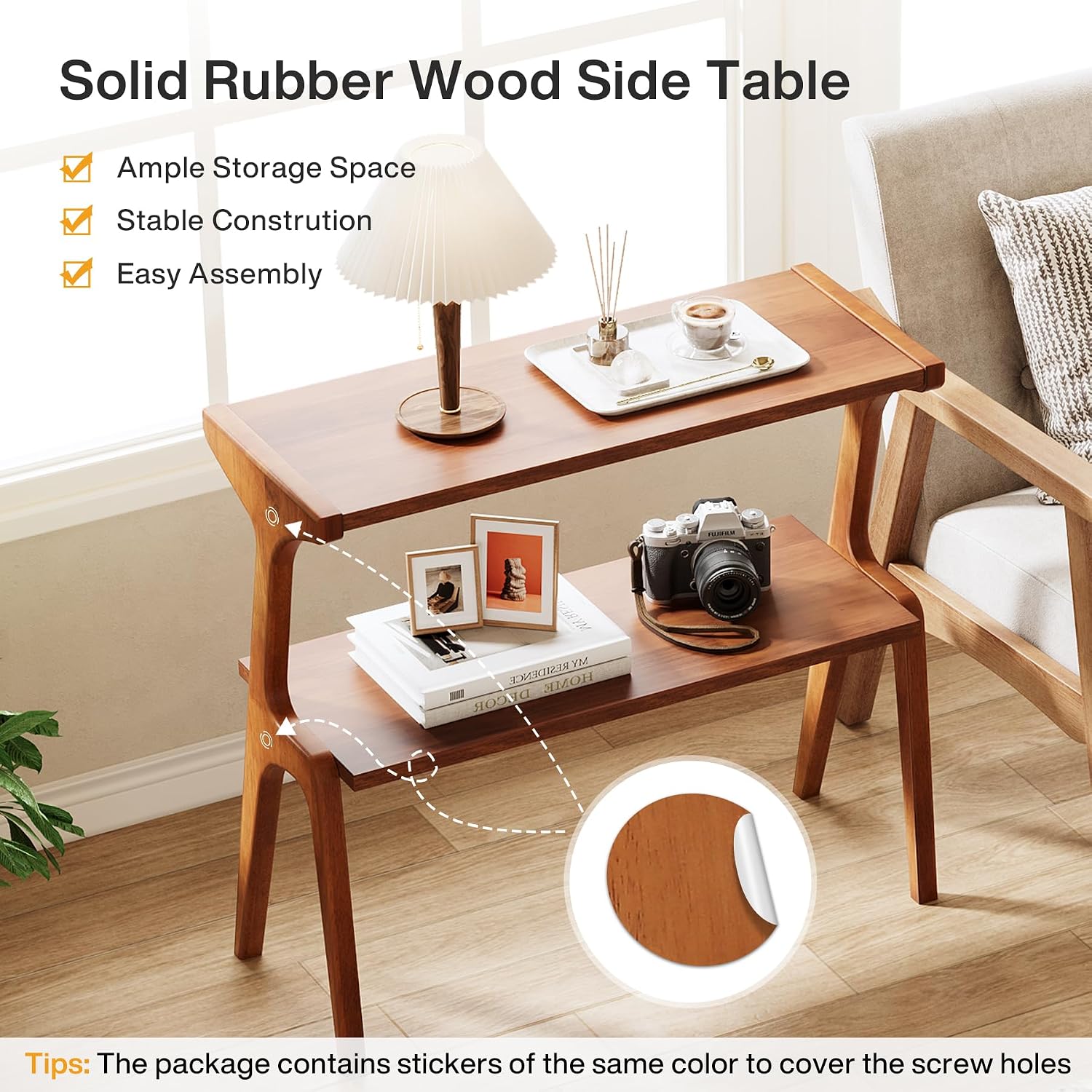 Tribesigns Set of 2 Solid Wood Side Table, 2-Tier Couch End Table with Storage Shelves, Mid-Century Modern Sofa End Table with Cute Legs, Wooden Bedside Table for Bedroom, Living Room, Cherry