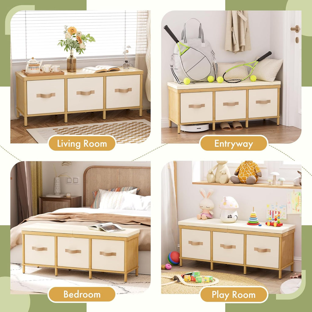 Storage Bench, 43.3" Bamboo Storage Chest with 3 Drawers, Entryway Bench with Cushioned Seat, End of Bed Bench with Storage Toy Box, Toy Chest Storage Bench for Entryway, Living Room, Bedroom