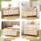 Storage Bench, 43.3" Bamboo Storage Chest with 3 Drawers, Entryway Bench with Cushioned Seat, End of Bed Bench with Storage Toy Box, Toy Chest Storage Bench for Entryway, Living Room, Bedroom