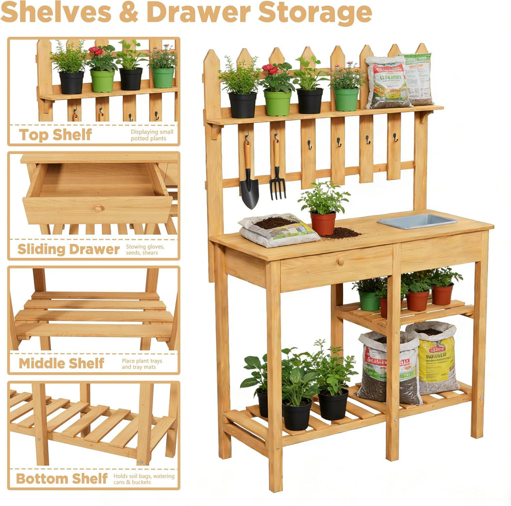 Outdoor Potting Bench, Wooden Potting Table with Built-in Sink, Drawer, Hooks & Storage Shelves – Large Gardening Bench for Outside Garden Workstation, Backyard Patio Balcony, Brown