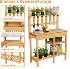 Outdoor Potting Bench, Wooden Potting Table with Built-in Sink, Drawer, Hooks & Storage Shelves – Large Gardening Bench for Outside Garden Workstation, Backyard Patio Balcony, Brown