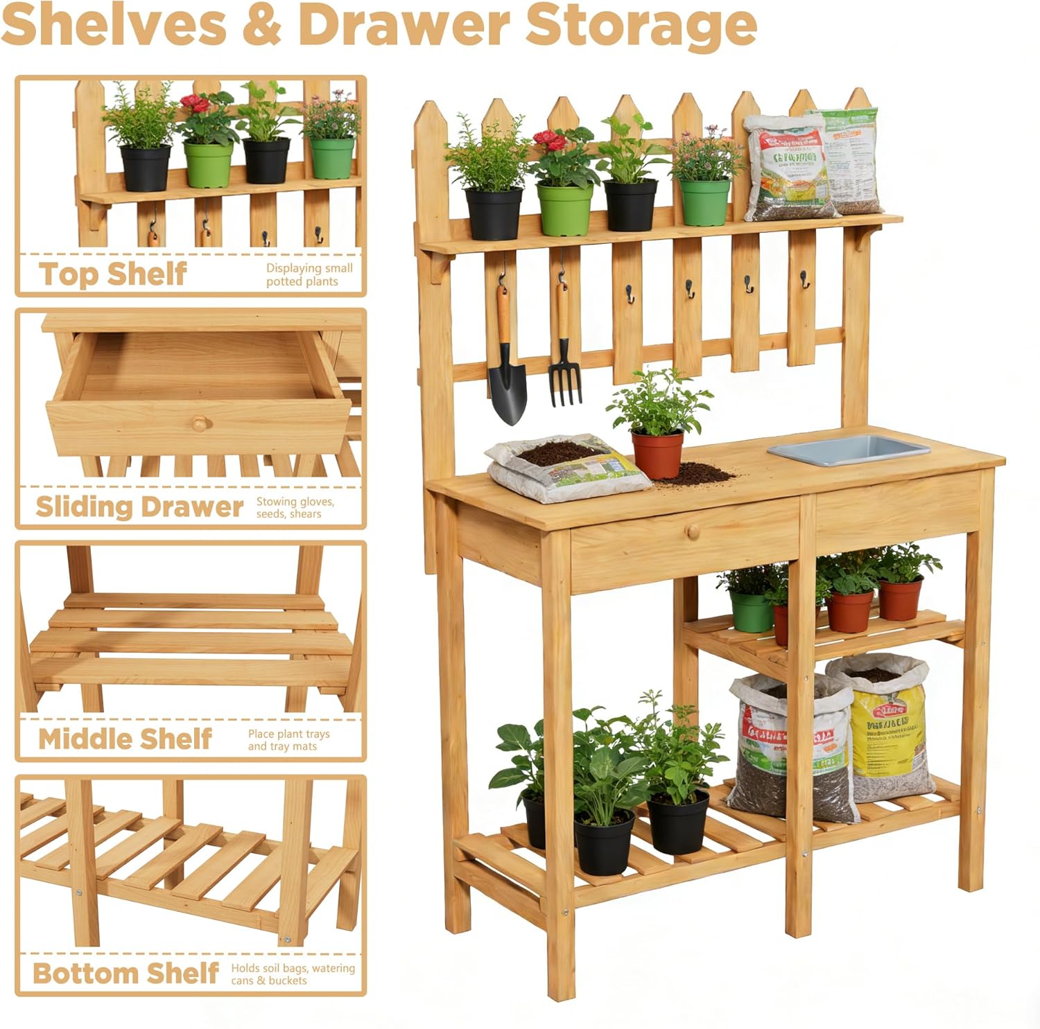 Outdoor Potting Bench, Wooden Potting Table with Built-in Sink, Drawer, Hooks & Storage Shelves – Large Gardening Bench for Outside Garden Workstation, Backyard Patio Balcony, Brown