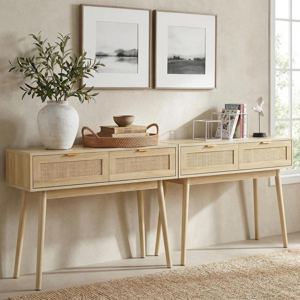 HOPUBUY Console Table Rattan Desk with Drawers Set of 2, Oak Narrow Sofa Table with Pine Leg, Modern Small Entryway Table for Hallway and Living Room, 39" Rustic Natural